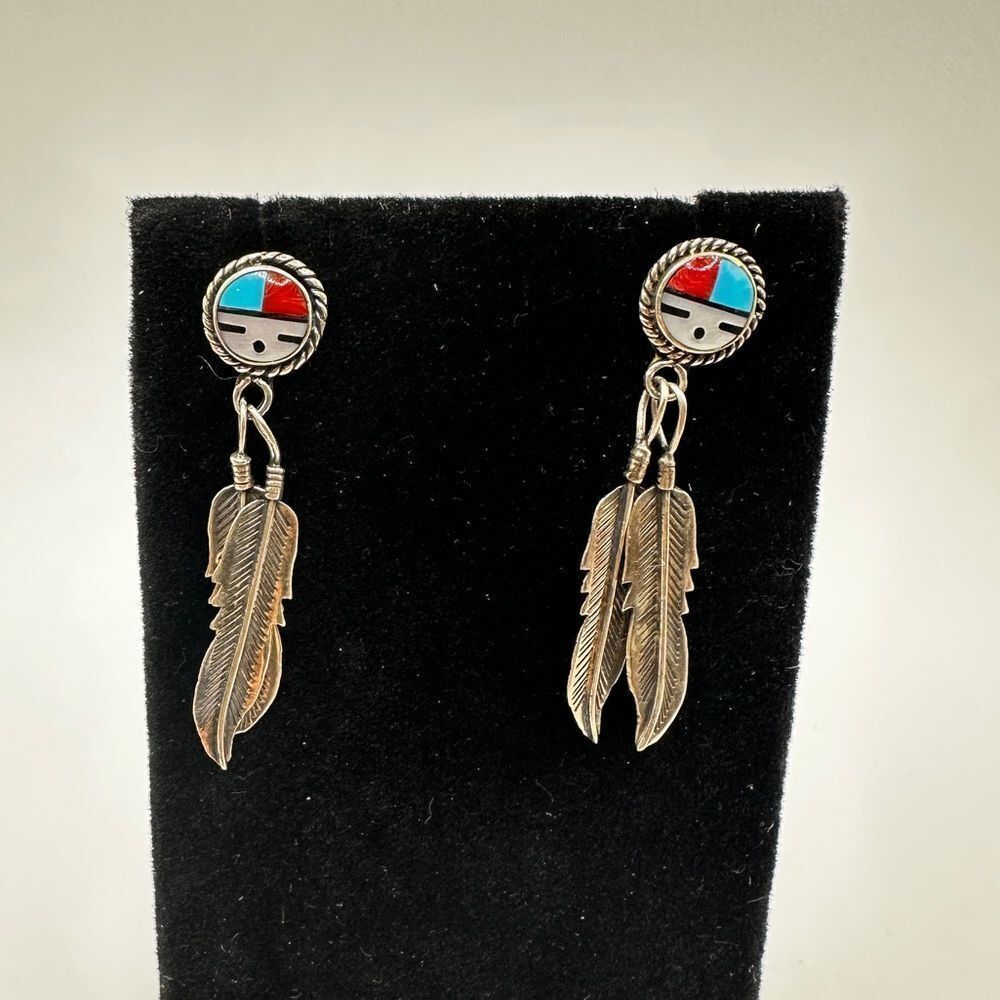 Zuni-style, Turquoise, Coral, Mother of Pearl and Sterling Silver earrings!